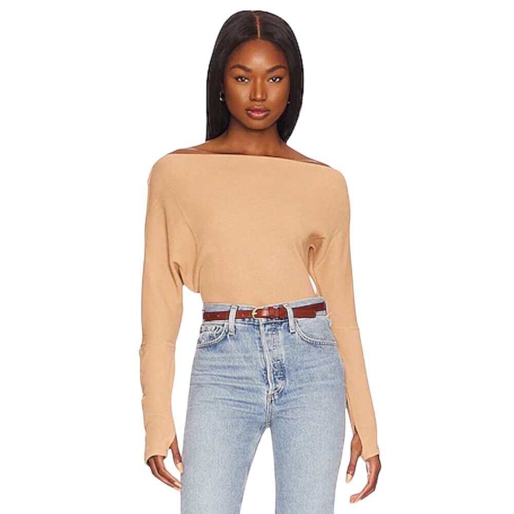 Free People Pale Camel Off The Shoulder Long Sleeve Thermal Top M NWT